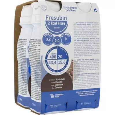 FRESUBIN 2 kcal Fiber DRINK Sjokolade drikkeflaske, 4X200 ml