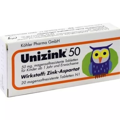 UNIZINK 50 gastro-resistente tabletter, 20 stk UNIZINK 50 gastro-resistente tabletter, 20 stk