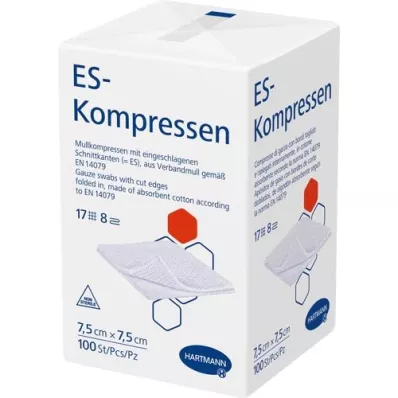ES-KOMPRESSEN ikke-steril 7,5x7,5 cm 8 ganger, 100 stykker ES-KOMPRESSEN ikke-steril 7,5x7,5 cm 8 ganger, 100 stykker