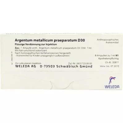 ARGENTUM METALLICUM praeparatum D 30 ampuller, 8 stk ARGENTUM METALLICUM praeparatum D 30 ampuller, 8 stk