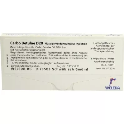 CARBO BETULAE D 20 ampuller, 8X1 ml CARBO BETULAE D 20 ampuller, 8X1 ml