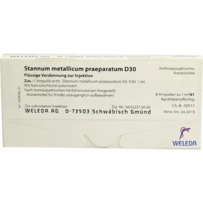 STANNUM METALLICUM praeparatum D 30 ampuller, 8X1 ml STANNUM METALLICUM praeparatum D 30 ampuller, 8X1 ml