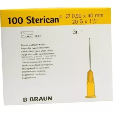 STERICAN Kanyler Luer-Lok 0,90x40 mm størrelse 1 gul, 100 stykker STERICAN Kanyler Luer-Lok 0,90x40 mm størrelse 1 gul, 100 stykker