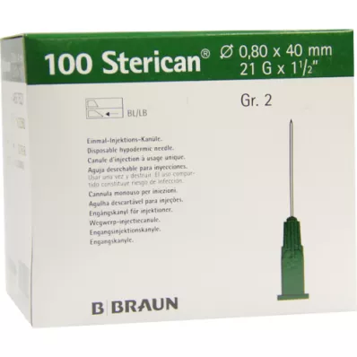 STERICAN Kanyler Luer-Lok 0,80x40 mm størrelse 2 grønn, 100 stk STERICAN Kanyler Luer-Lok 0,80x40 mm størrelse 2 grønn, 100 stk