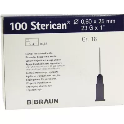 STERICAN Kanyler Luer-Lok 0,60x25 mm størrelse 16 blå, 100 stykker STERICAN Kanyler Luer-Lok 0,60x25 mm størrelse 16 blå, 100 stykker