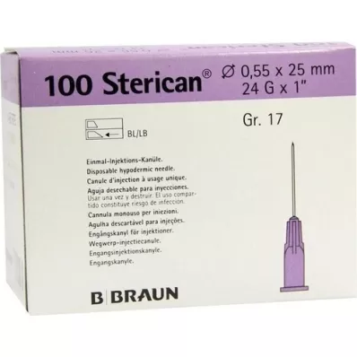 STERICAN Kanyler Luer-Lok 0,55x25 mm størrelse 17 lilla, 100 stk STERICAN Kanyler Luer-Lok 0,55x25 mm størrelse 17 lilla, 100 stk