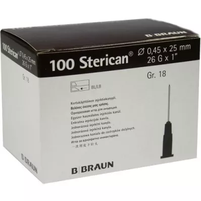 STERICAN Kanyler Luer-Lok 0,45x25 mm størrelse 18 brun, 100 stk