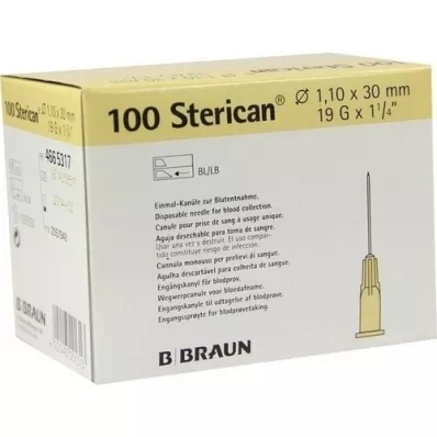 STERICAN Kanyler 19 Gx1 1/4 1,1x30 mm, 100 stykker STERICAN Kanyler 19 Gx1 1/4 1,1x30 mm, 100 stykker