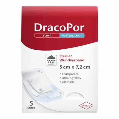 DRACOPOR vanntett sårbandasje 5x7,2 cm steril, 5 stk