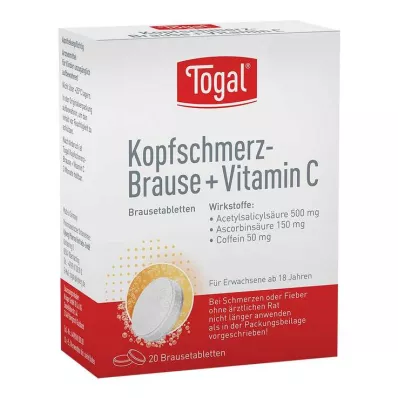 TOGAL Hodepine brusetabletter + Vit.C brusetabletter, 20 stk TOGAL Hodepine brusetabletter + Vit.C brusetabletter, 20 stk