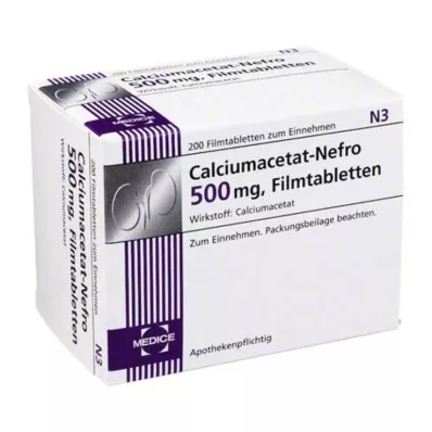 CALCIUMACETAT NEFRO 500 mg filmdrasjerte tabletter, 200 stk CALCIUMACETAT NEFRO 500 mg filmdrasjerte tabletter, 200 stk