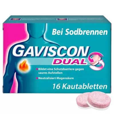 GAVISCON Dual 250 mg/106,5 mg/187,5 mg tyggetabletter, 16 stk GAVISCON Dual 250 mg/106,5 mg/187,5 mg tyggetabletter, 16 stk
