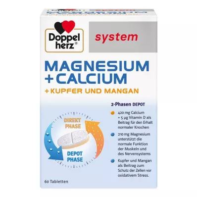 DOPPELHERZ Magnesium+Kalk+Kobber+Mangan syst. tab, 60 stk DOPPELHERZ Magnesium+Kalk+Kobber+Mangan syst. tab, 60 stk