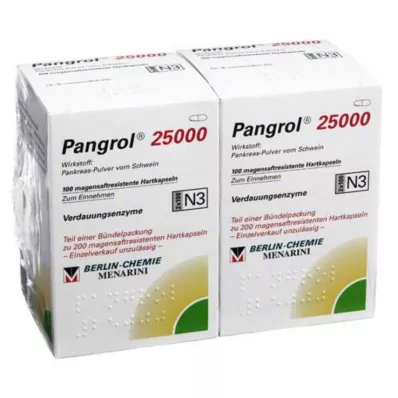 PANGROL 25 000 harde kapsler med enterisk belegg, 200 stk