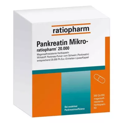 Pancreatin Micro ratiopharm.20000 mage harde kapsler, 200 stk Pancreatin Micro ratiopharm.20000 mage harde kapsler, 200 stk