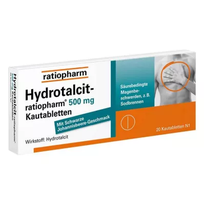 HYDROTALCIT-ratiopharm 500 mg tyggetabletter, 20 stk HYDROTALCIT-ratiopharm 500 mg tyggetabletter, 20 stk