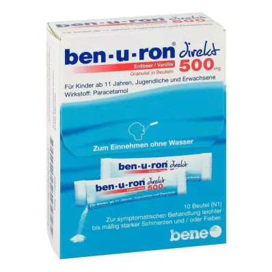 Ben-U-Ron direkte 500 mg granulat jordbær/vanilje, 10 stk Ben-U-Ron direkte 500 mg granulat jordbær/vanilje, 10 stk