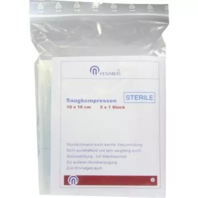 SAUGKOMPRESSEN steril 10x10 cm, 5X1 stk SAUGKOMPRESSEN steril 10x10 cm, 5X1 stk