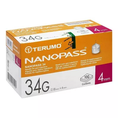 TERUMO NANOPASS 34 Pen Cannula 34 G 0,18x4 mm, 100 stk TERUMO NANOPASS 34 Pen Cannula 34 G 0,18x4 mm, 100 stk
