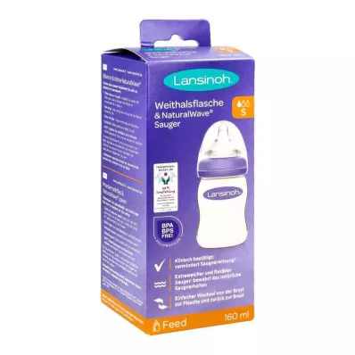 LANSINOH Flaske med vid hals 160 ml med tute S, 1 stk