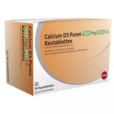 CALCIUM D3 Puren 1000 mg/880 IE tyggetabletter, 90 stk CALCIUM D3 Puren 1000 mg/880 IE tyggetabletter, 90 stk