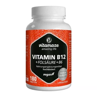 VITAMIN B12 1000 µg høydose +B9+B6 veganske tabletter, 180 stk