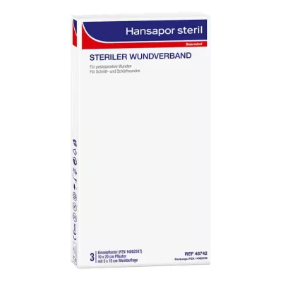 HANSAPOR steril sårbandasje 10x20 cm, 3 stk