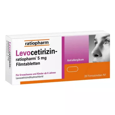 Levocetirizin ratiopharm 5 mg filmdrasjerte tabletter, 20 stk Levocetirizin ratiopharm 5 mg filmdrasjerte tabletter, 20 stk