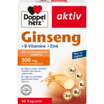 DOPPELHERZ Ginseng 250+B Vitaminer+Zink kapsler, 30 kapsler