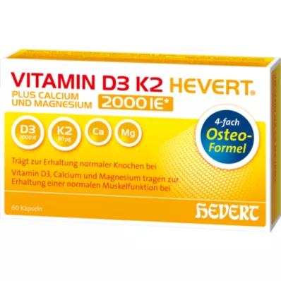 VITAMIN D3 K2 Hevert plus Ca Mg 2000 IE/2 kapsler, 60 stk