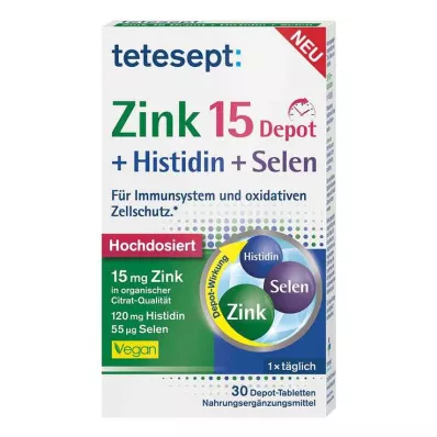 Tetesept Zinc 15 Depot + Histidin + Selen filmdrasjerte tabletter, 30 stk Tetesept Zinc 15 Depot + Histidin + Selen filmdrasjerte tabletter, 30 stk
