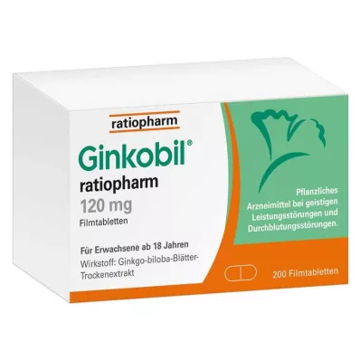 Ginkobil ratiopharm 120mg med Ginkgo biloba, 200 stk Ginkobil ratiopharm 120mg med Ginkgo biloba, 200 stk