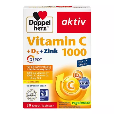 DOPPELHERZ Vitamin C 1000+D3+Zink Depot tabletter, 30 stk