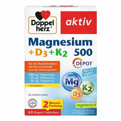 DOPPELHERZ Magnesium 500+D3+K2 Depottabletter, 60 kapsler DOPPELHERZ Magnesium 500+D3+K2 Depottabletter, 60 kapsler
